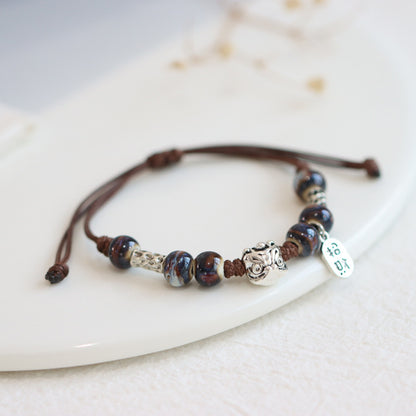 Retro Porcelain Bead Bracelet for Women - A National Trendy Accessory Featuring the Auspicious Lion