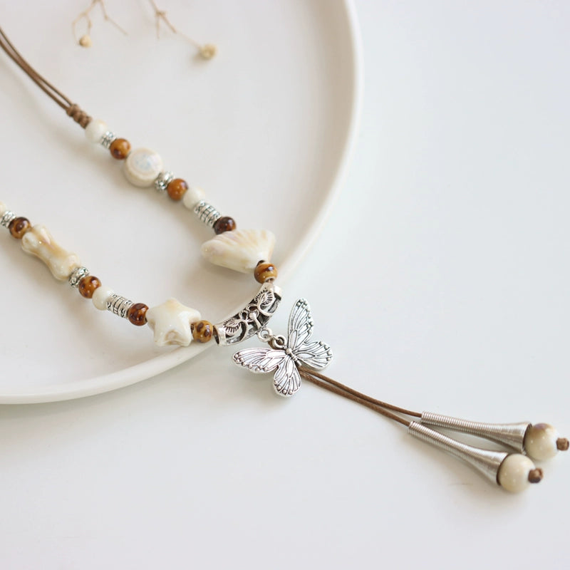 Ceramic Necklace – Chinese Style Long Butterfly Pendant Sweater Chain for Women