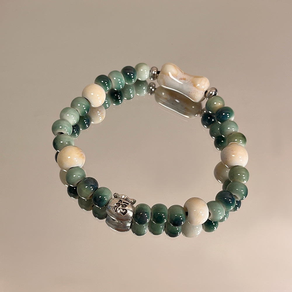 Handmade Porcelain Bracelet - A Lucky Bag with Ancient Chinese Style Beads, Featuring Bohemian Flair for Women.