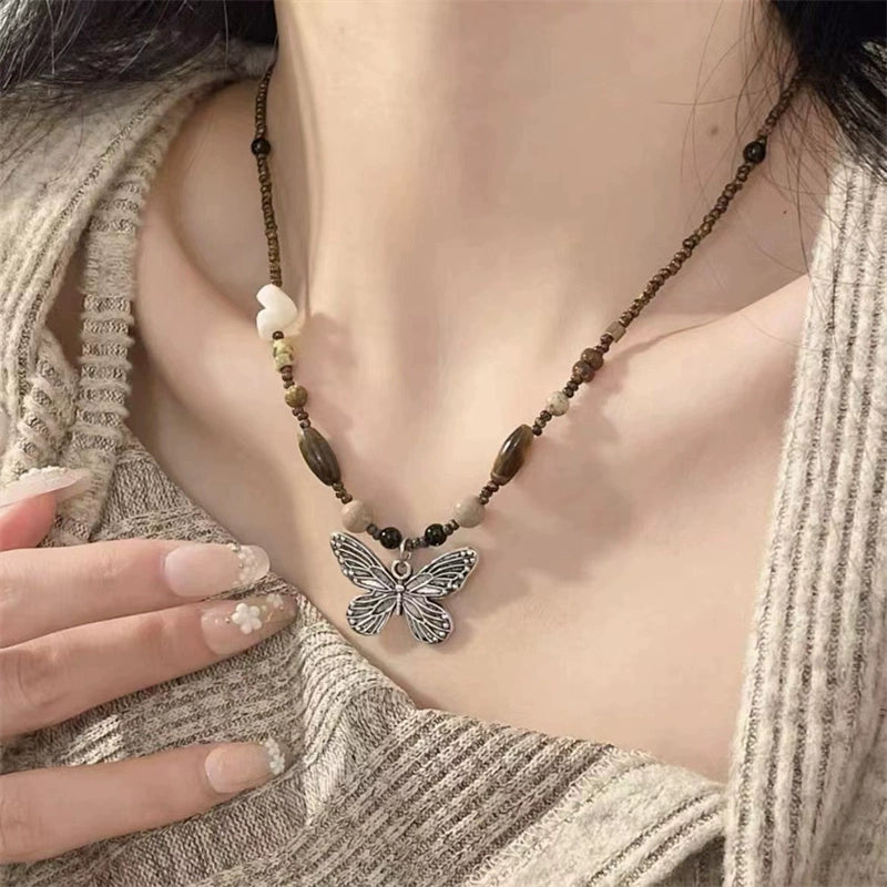 Brown Square Butterfly Beaded Necklace - Vintage Boho Women's Jewelry with Classic Elegance