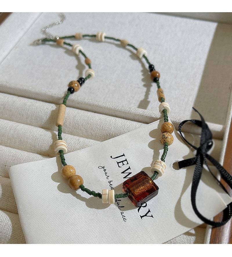 Brown Square Butterfly Beaded Necklace - Vintage Boho Women's Jewelry with Classic Elegance