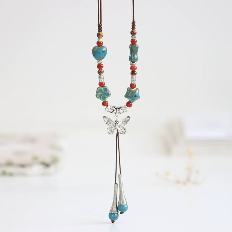Ceramic Necklace – Chinese Style Long Butterfly Pendant Sweater Chain for Women