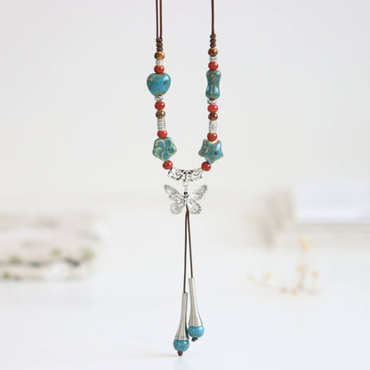 Ceramic Necklace – Chinese Style Long Butterfly Pendant Sweater Chain for Women