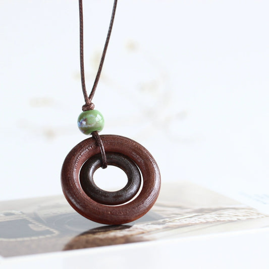 Handcarved Wood Necklace - Neo-Chinese Style Layered Pendant