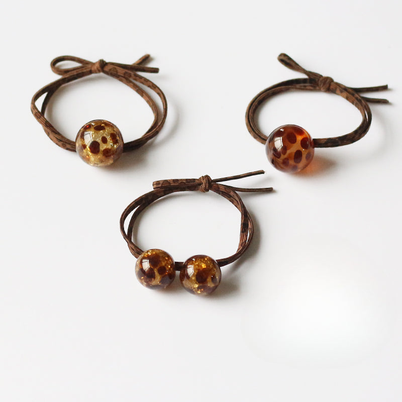 Leopard Print Bead Hair Tie Elegant Adult Elastic Knot Hairband Women