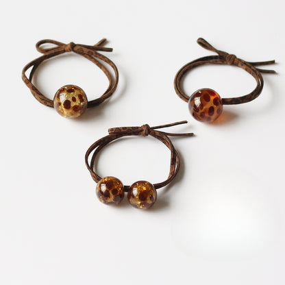 Leopard Print Bead Hair Tie Elegant Adult Elastic Knot Hairband Women