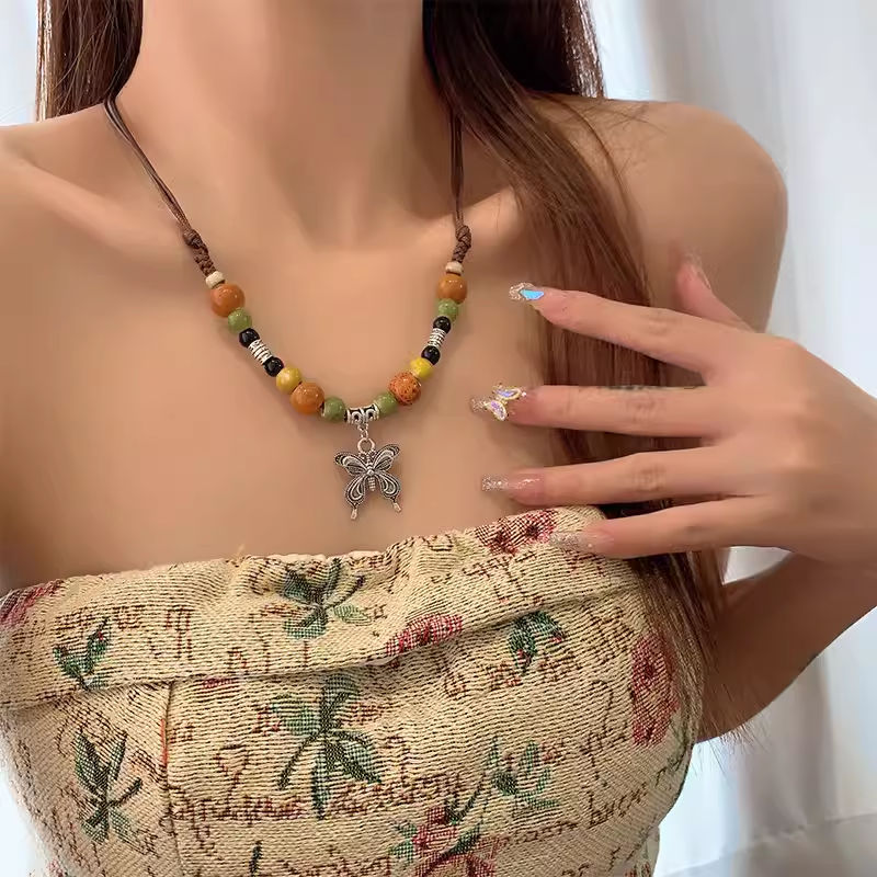 Chinese Resin Bead Fortune Necklace - Trendy Collarbone Chain